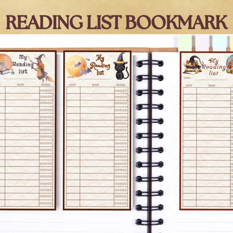 Printable reading list bookmark with witch and black cat design.