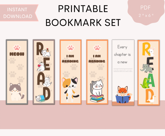 Printable cute cat bookmarks set with pastel colors and reading quotes