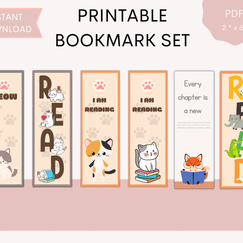 Printable cute cat bookmarks set with pastel colors and reading quotes