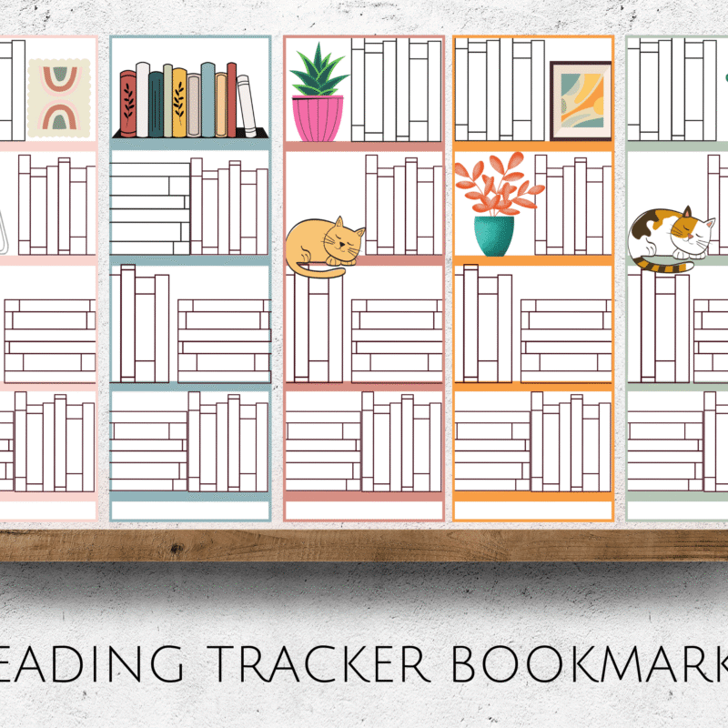 Printable Reading Tracker Bookmarks with bookshelf designs and blank spines for writing book titles.