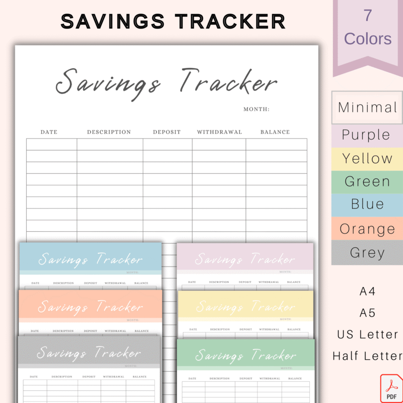 Savings Tracker Printable â€“ 7 colors and 4 sizes PDF template