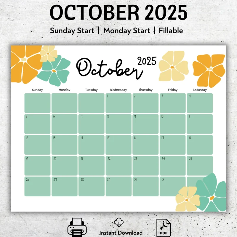 Editable October 2025 Calendar with Floral Theme