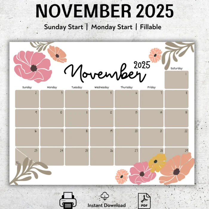 Editable November 2025 Floral Calendar