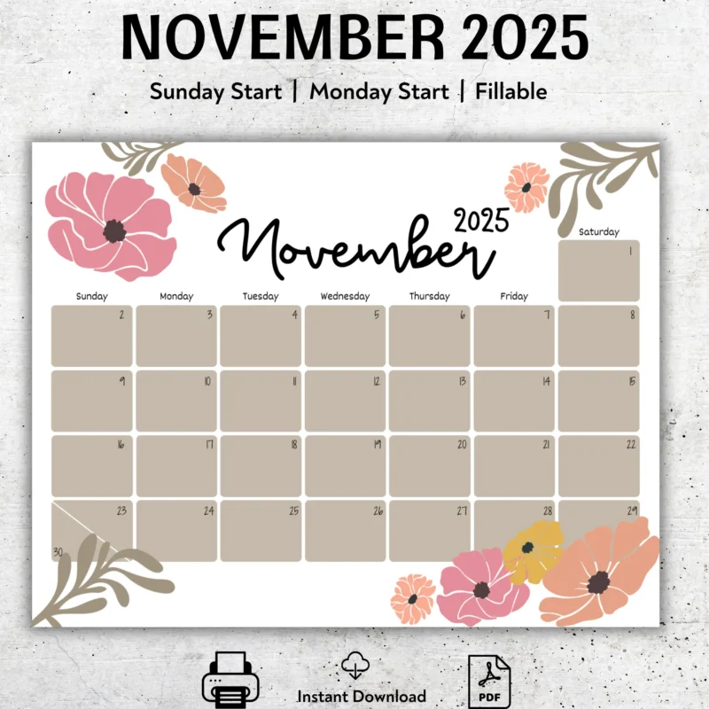 Editable November 2025 Floral Calendar