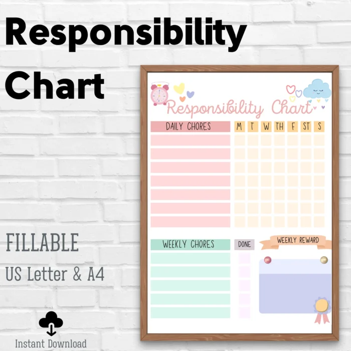 Fillable pastel chore chart with reward section for children