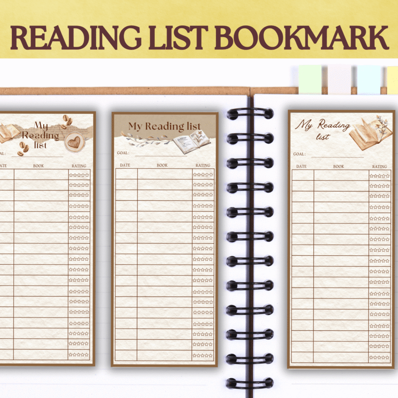 Reading List Bookmark Printable â€“ three vintage designs on an open notebook.