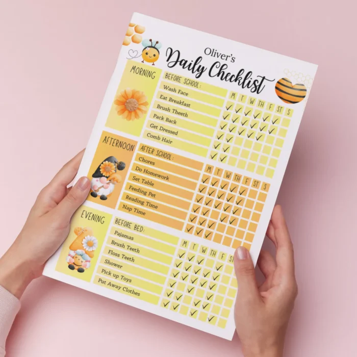 A colorful daily checklist for kids showing morning, afternoon, and evening routine sections.