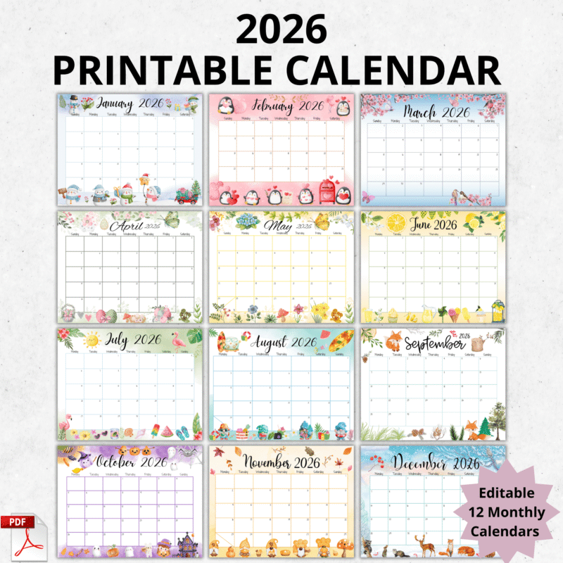 Full overview of all 12 pages in the Printable 2026 Monthly Planner, each month with unique seasonal theme