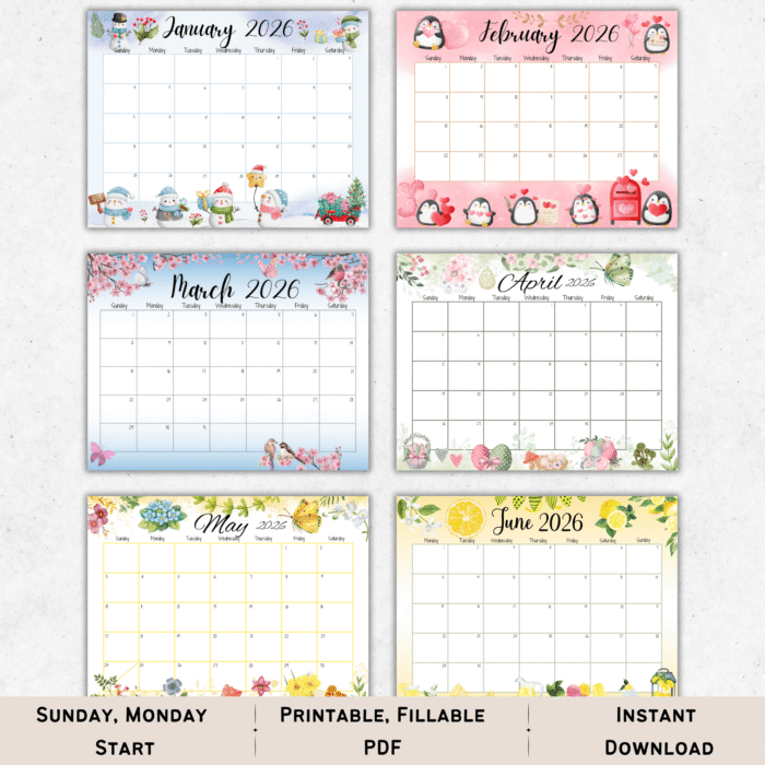 Monthly calendars from January to June 2026 shown in printable and editable PDF format, part of Printable 2026 Monthly Planner