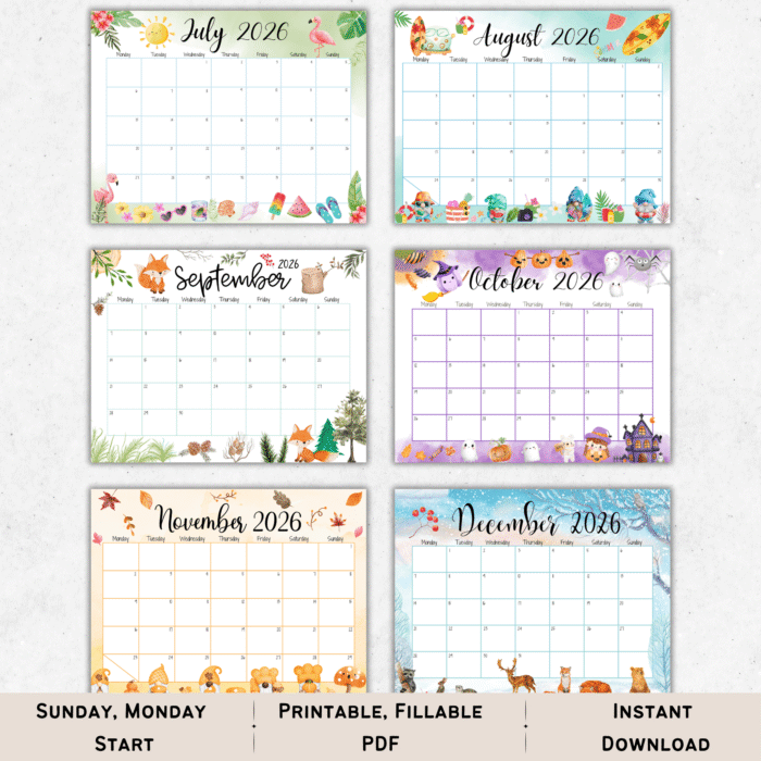 Printable 2026 Monthly Planner showing July to December calendars with colorful, seasonal illustrations and editable layout