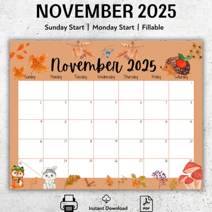 November 2025 Woodland Animals Calendar