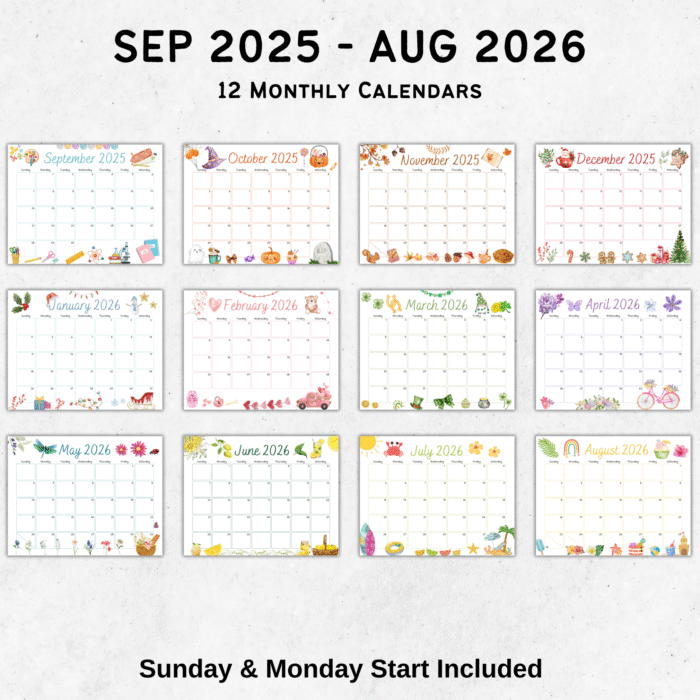 12 monthly spreads of 2025â€“2026 school year calendar showing seasonal watercolor themes