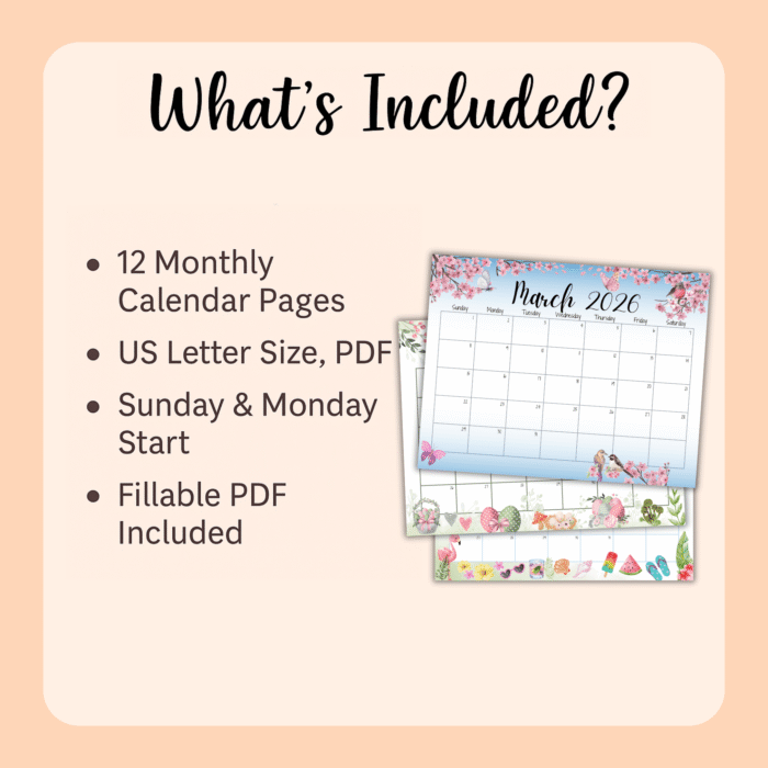 Printable 2026 Monthly Planner with 12 calendar pages in US Letter size, Sunday and Monday start, fillable PDF included