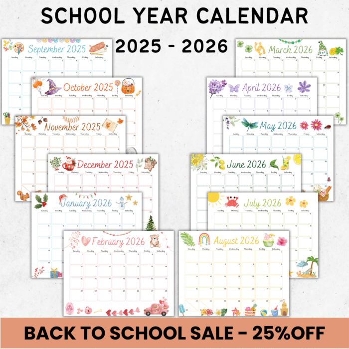 2025â€“2026 school year calendar printable fillable PDF with watercolor back-to-school artwork