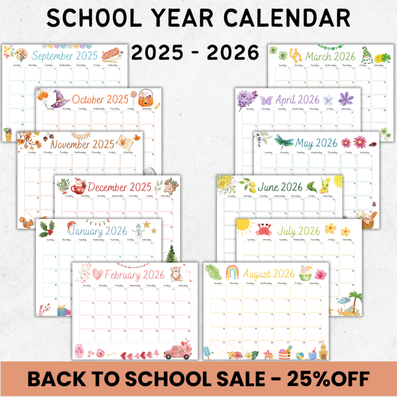 2025â€“2026 school year calendar printable fillable PDF with watercolor back-to-school artwork