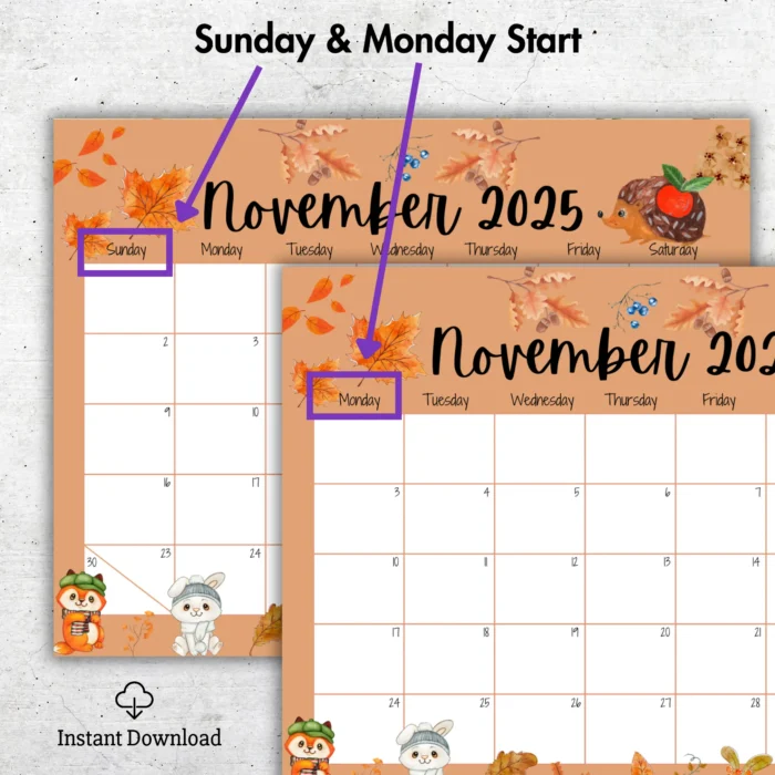 November 2025 Woodland Animals Calendar