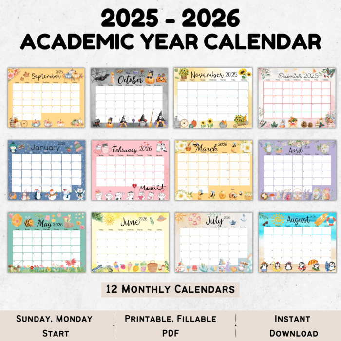 2025-2026 academic year calendar with 12 illustrated monthly pages