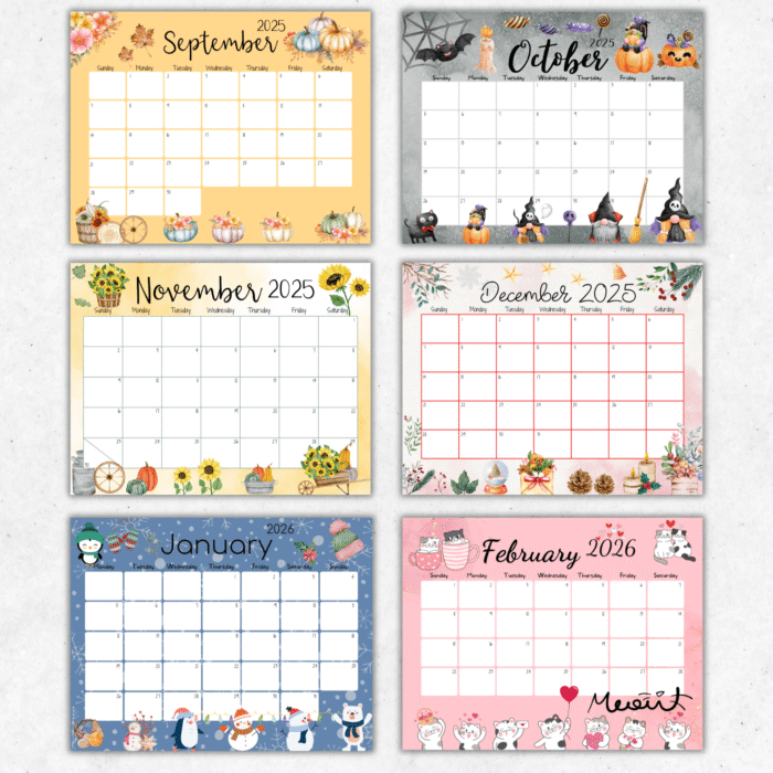 September to February calendar overview with fall and winter themes