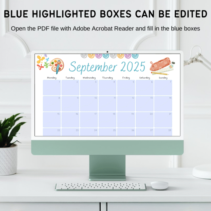 Editable blue highlighted boxes on September 2025 page of 2025â€“2026 school year calendar PDF