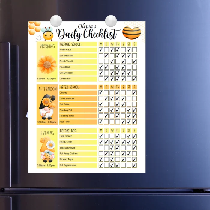 Prefilled checklist showing typical school-day tasks.