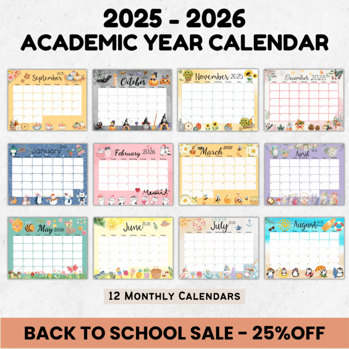 2025-2026 academic year calendar with 12 illustrated monthly pages