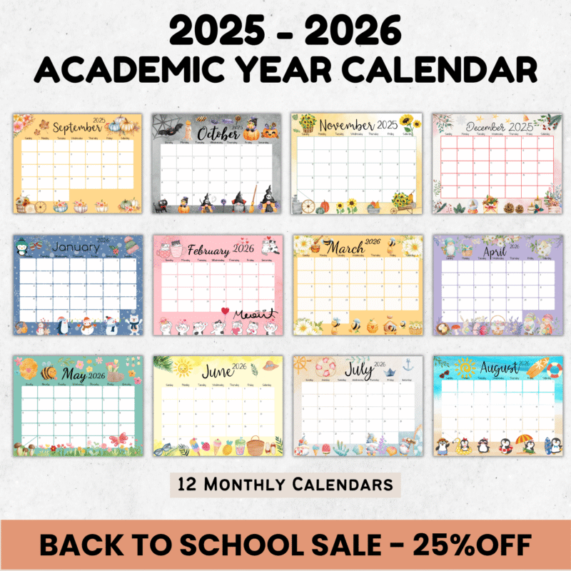 2025-2026 academic year calendar with 12 illustrated monthly pages
