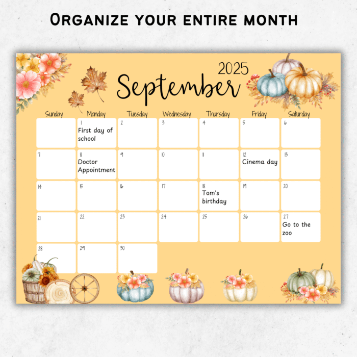 Editable September calendar showing events filled in
