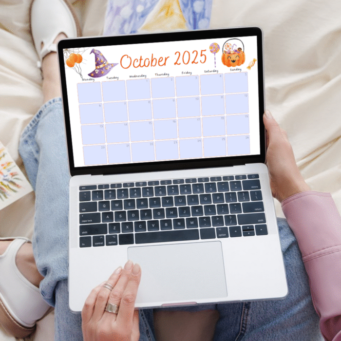 October 2025 page of watercolor 2025â€“2026 school year calendar displayed on laptop with fillable fields