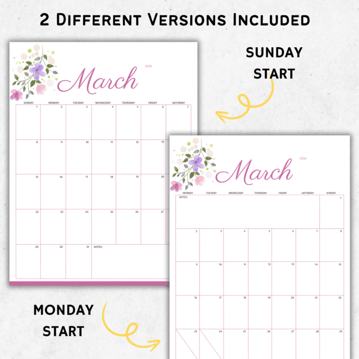 March 2026 calendar showing both Sunday and Monday start formats, printable and fillable