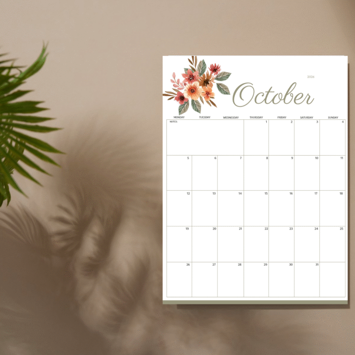 October 2026 calendar mockup on wall with shadows, floral design