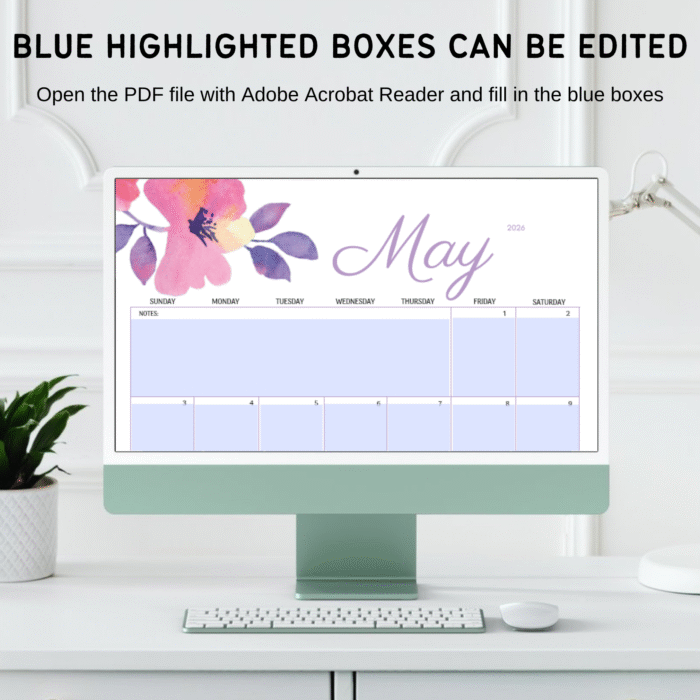 Close-up of editable blue fields in May 2026 calendar opened on desktop