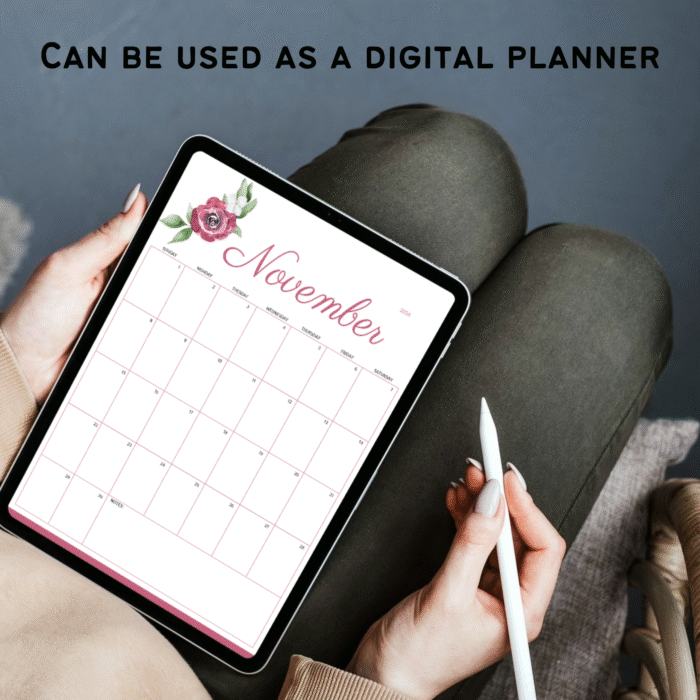 Using the 2026 calendar as a digital planner on a tablet, featuring November design