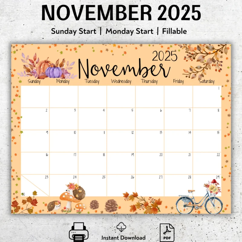 November 2025 Autumn Leaves Calendar