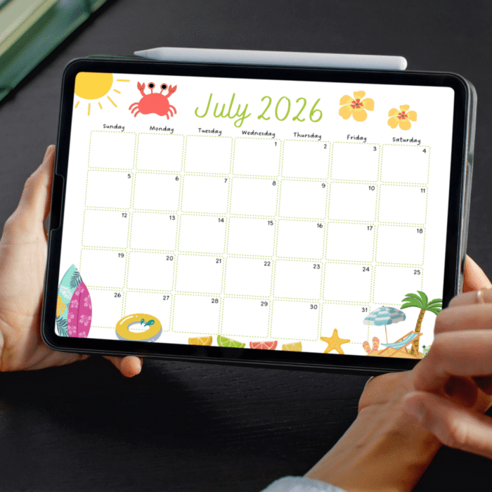 July 2026 page of watercolor 2025â€“2026 school year calendar PDF on tablet