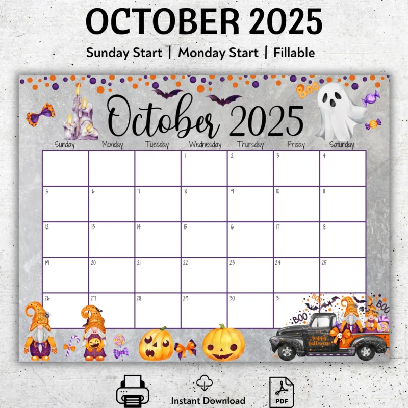 October 2025 Calendar Halloween Gnome