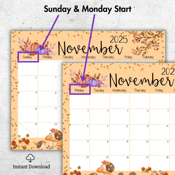 November 2025 Autumn Leaves Calendar ? Sunday & Monday Start, Printable & Fillable PDF - Image 2