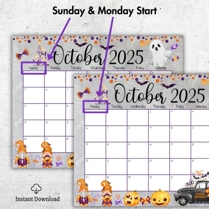 October 2025 Calendar Halloween Gnome
