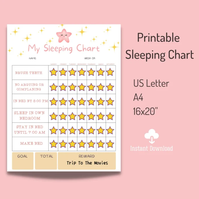 Child-friendly sleeping chart with bedtime icons and weekly tracker â€“ printable PDF