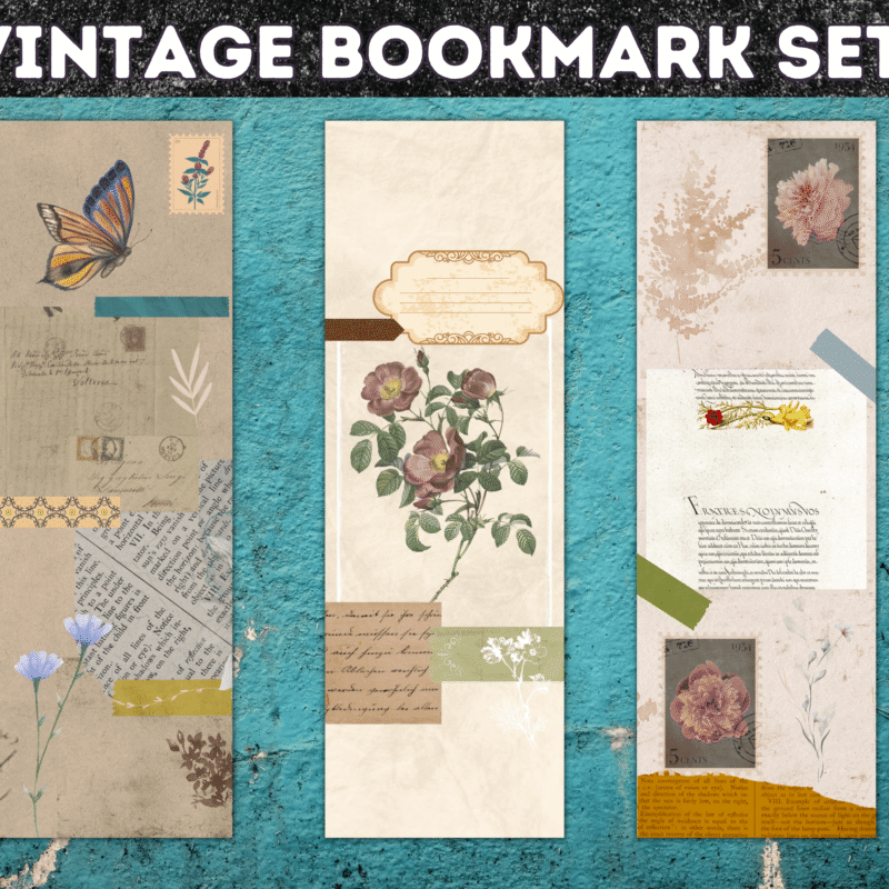 Vintage floral bookmark set with botanical illustrations and butterflies â€“ printable PDF