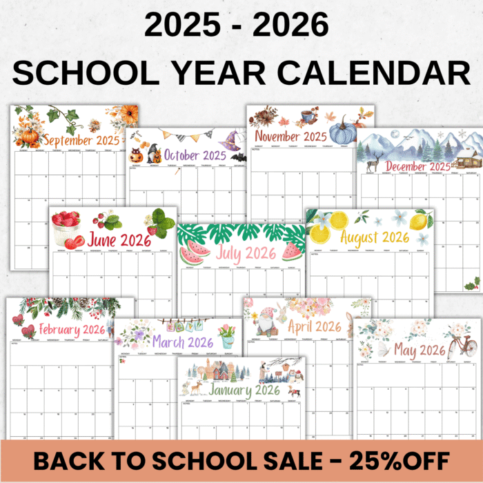 2025-2026 school year calendar with seasonal watercolor illustrations