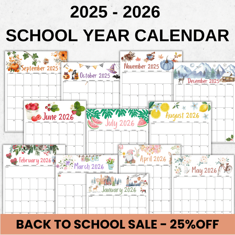 2025-2026 school year calendar with seasonal watercolor illustrations