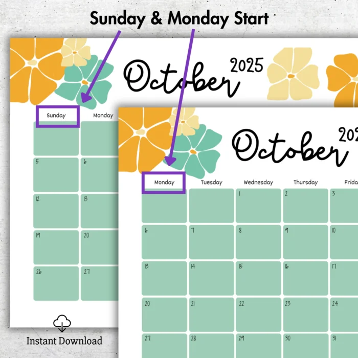 October 2025 Calendar Floral Theme â€“ Fillable PDF
