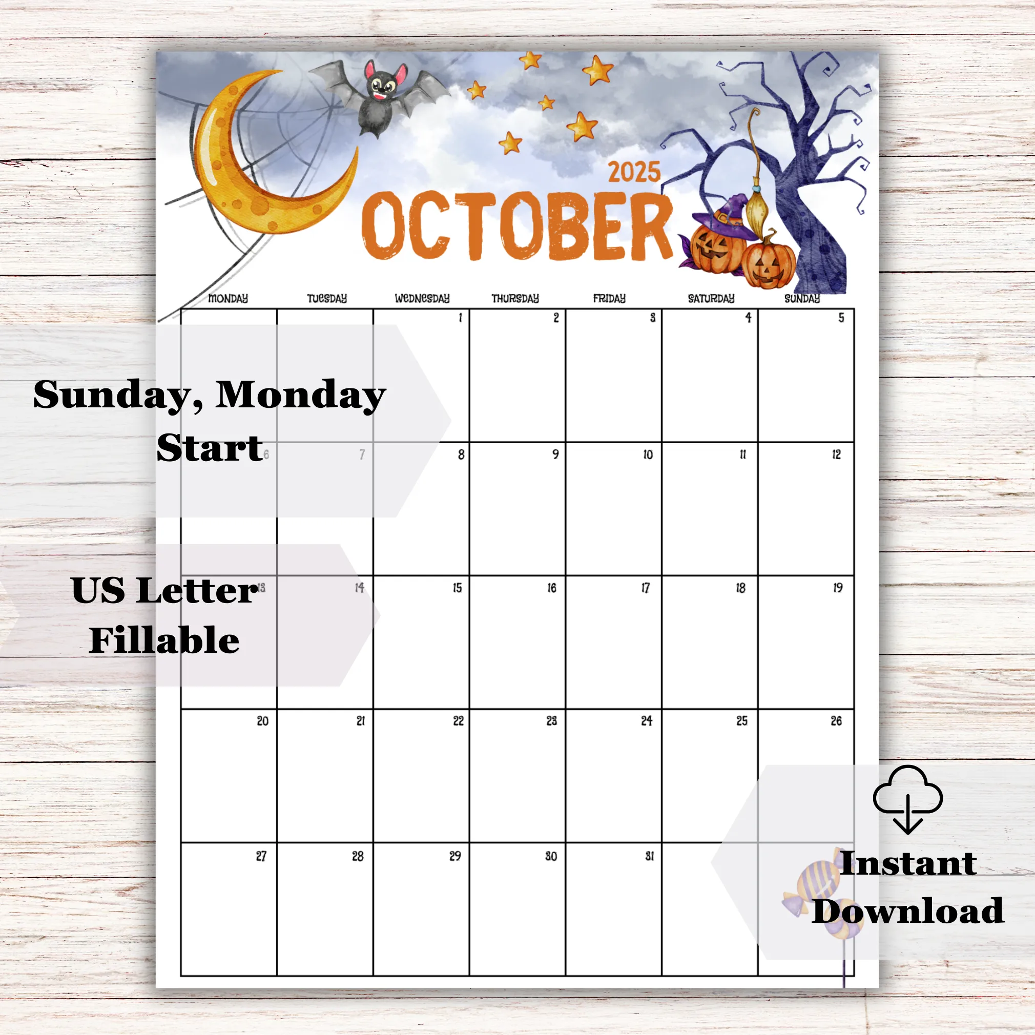 Editable Night Sky October 2025 Calendar ? Sunday & Monday Start, Printable & Fillable PDF - Image 2