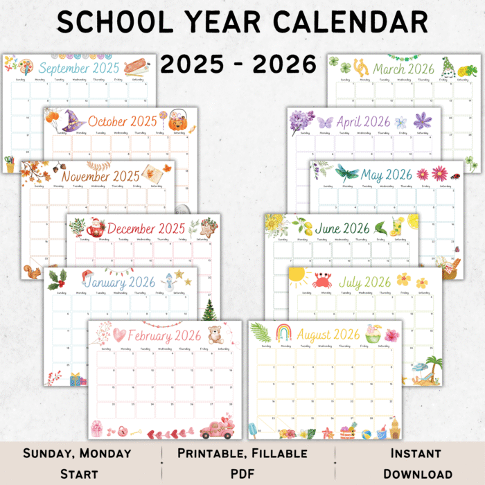 2025â€“2026 school year calendar printable fillable PDF with watercolor back-to-school artwork