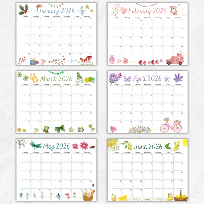 Six individual calendar pages for Januaryâ€“June 2026, each shown with its unique themed border artâ€”winter holly, Valentineâ€™s hearts, St. Patrickâ€™s shamrocks, spring flowers, dragonflies, and lemons.