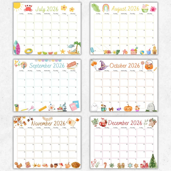 July and August 2026 calendar pages side by side, featuring beach-themed watercolor elements like surfboards, palm trees, starfish, rainbows, and tropical blossoms.