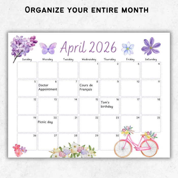 Close-up of an April 2026 calendar page filled in with sample entries