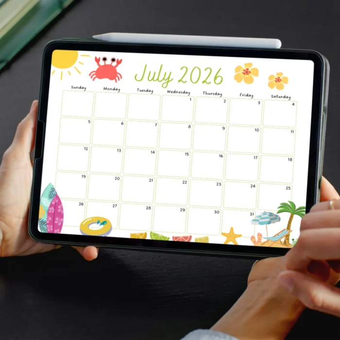 Hands holding a tablet displaying the June 2026 calendar page with lemon and floral illustrations, used as a digital planner.