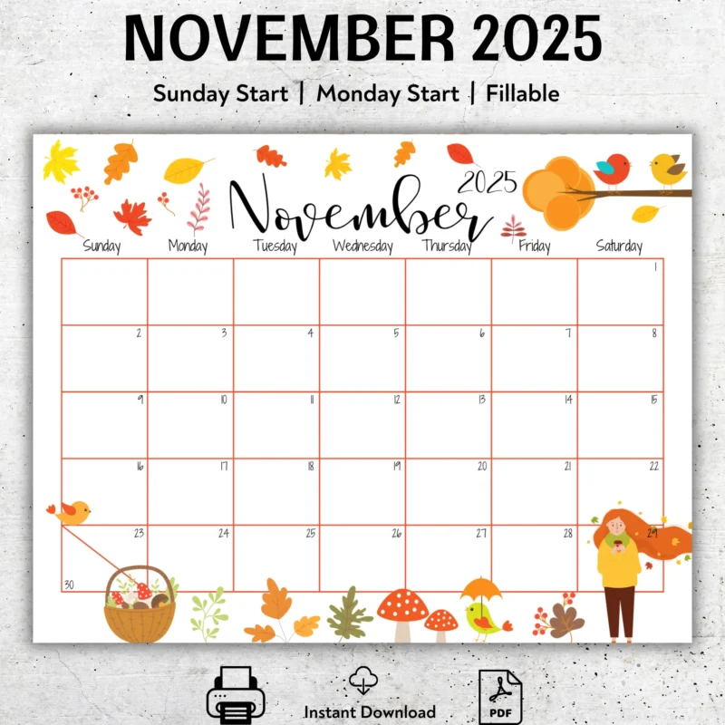 November 2025 Rustic Autumn Calendar