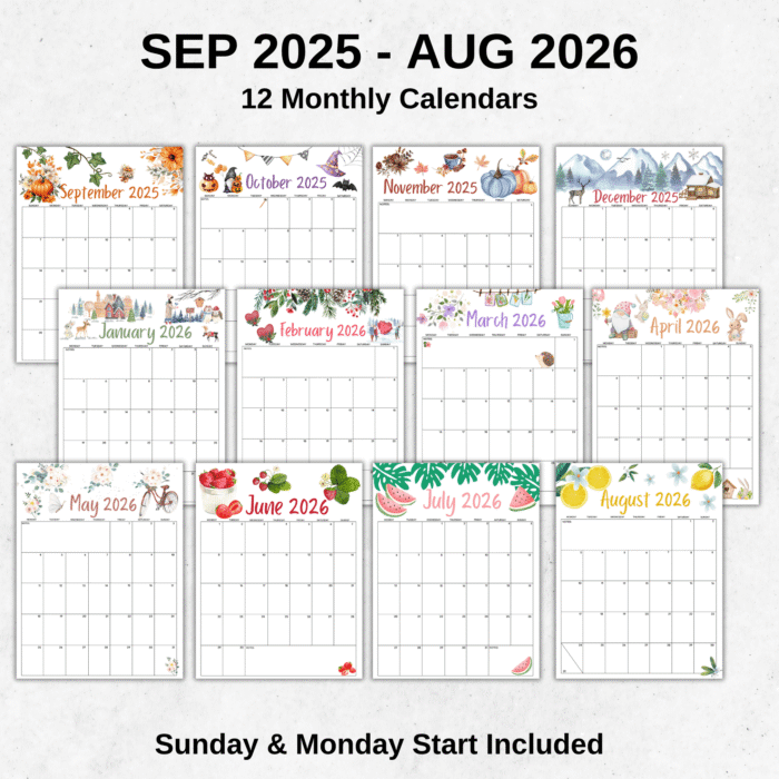 2025-2026 academic year printable calendar with seasonal watercolor illustrations